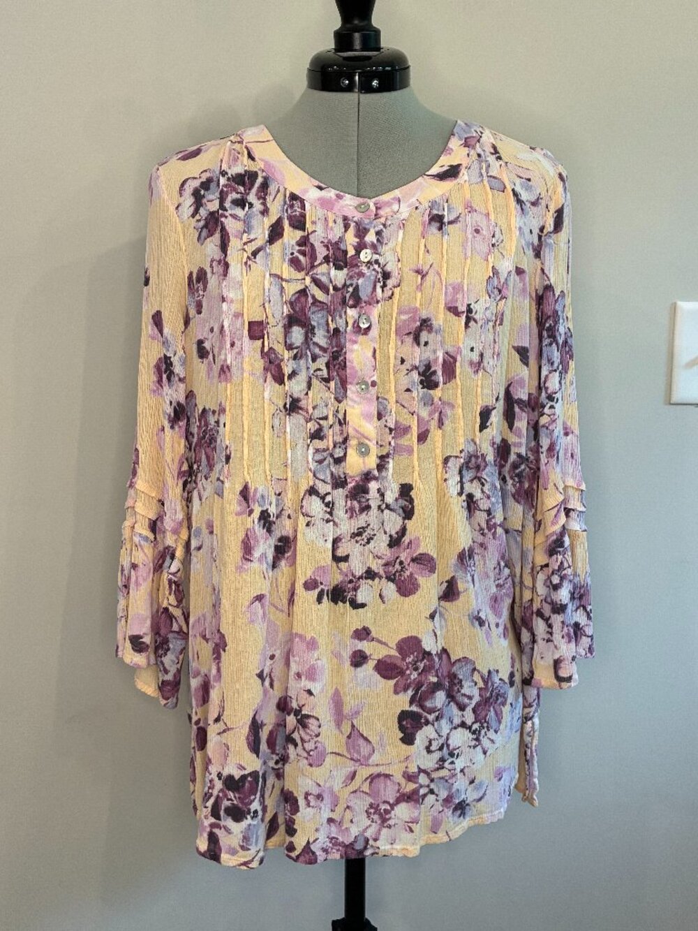 J.Jill Floral Blouse Yellow Purple Ruffle Bell Sleeve Button Front Boho 0355